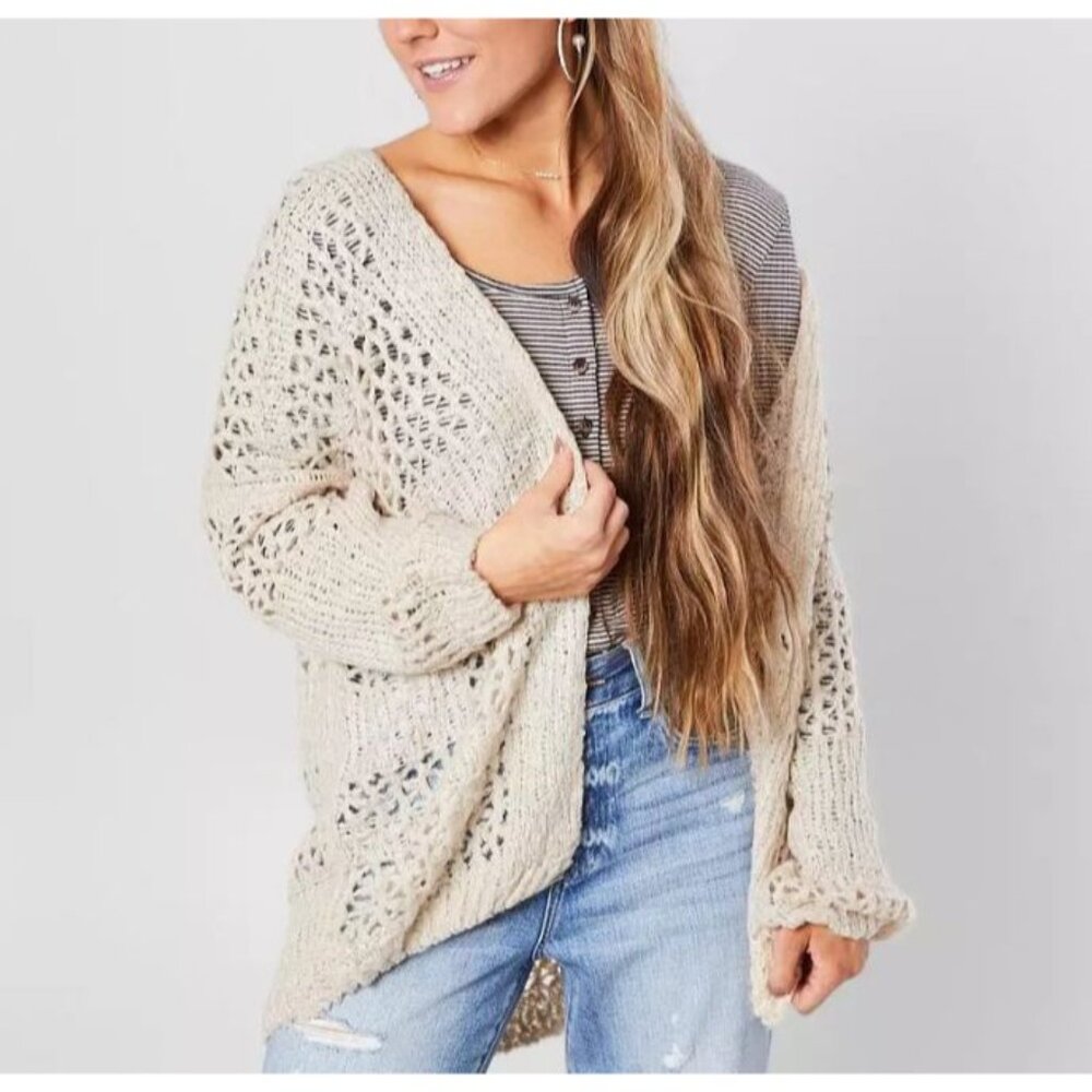 Rag Poets Spirit in the Sky Cardigan Size M/L Open Knit Tan Lightweight Casual